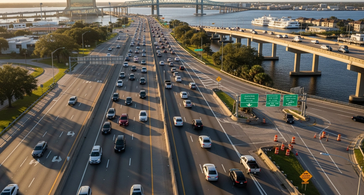 Jacksonville most dangerous roads aerial view showing I-95 highway traffic and St. Johns River bridges with heavy vehicle congestion during rush hour