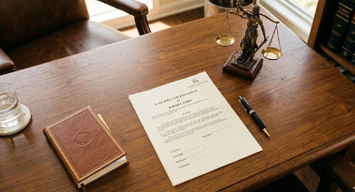 Legal documents and scale of justice representing the choice between a car accident lawsuit and settlement in Florida