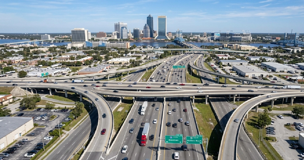 Busy Jacksonville Florida highway interchange representing common locations and causes of car accidents in the area