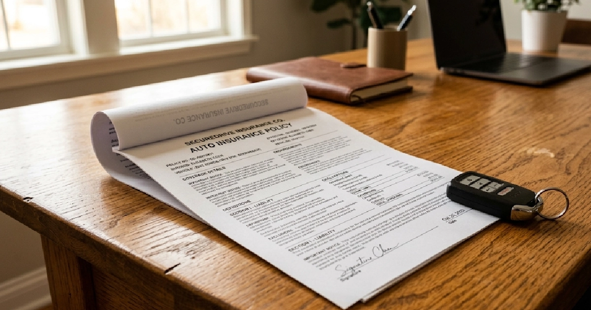 Insurance policy document and car key representing Florida car accident insurance claims process