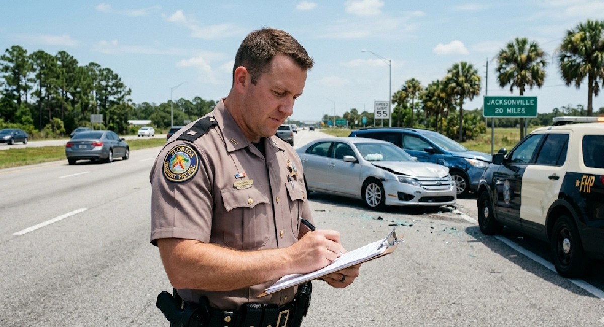 Police officer documenting a Florida car accident scene for an official crash report