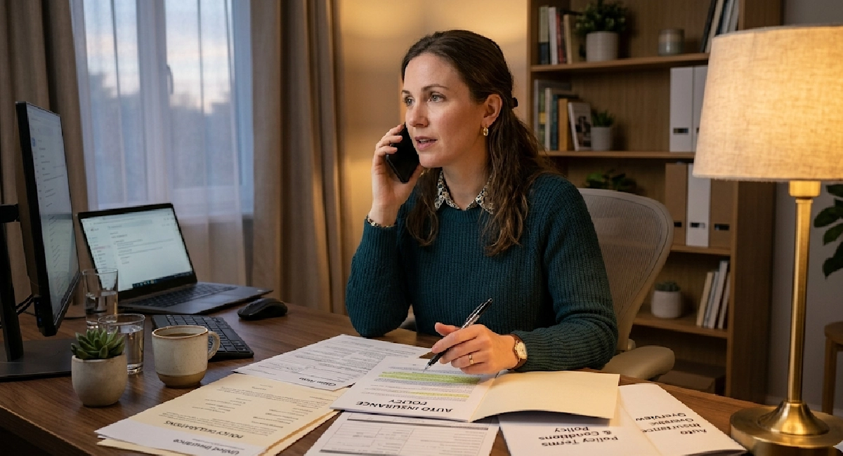 Person reviewing insurance paperwork while on a phone call representing how to handle insurance adjusters after a car accident