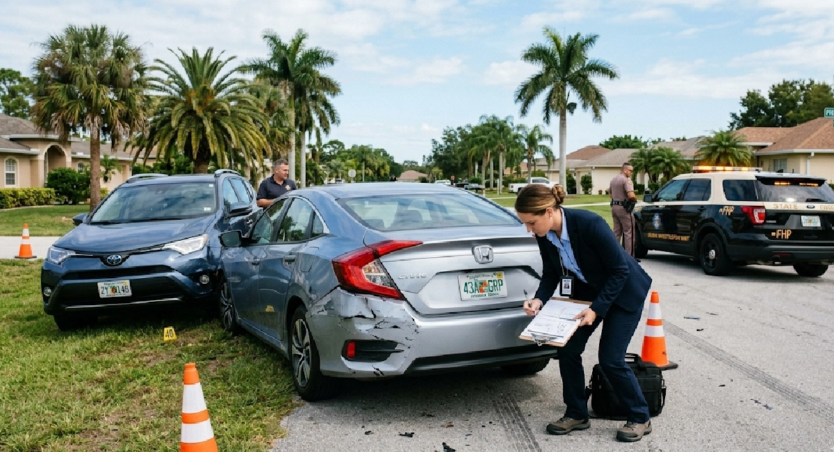 Attorney examining vehicle damage at a Florida car accident scene to establish fault and liability
