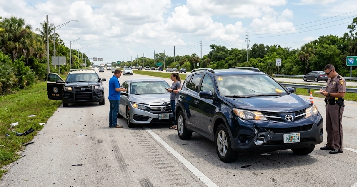 Two vehicles pulled to the side of a Florida road after a car accident illustrating steps to take after a crash
