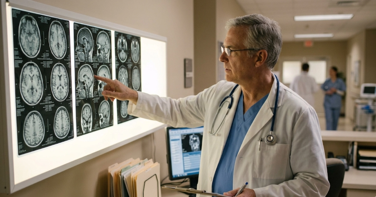 Doctor reviewing MRI scan representing common car accident injuries in Florida and the importance of medical documentation