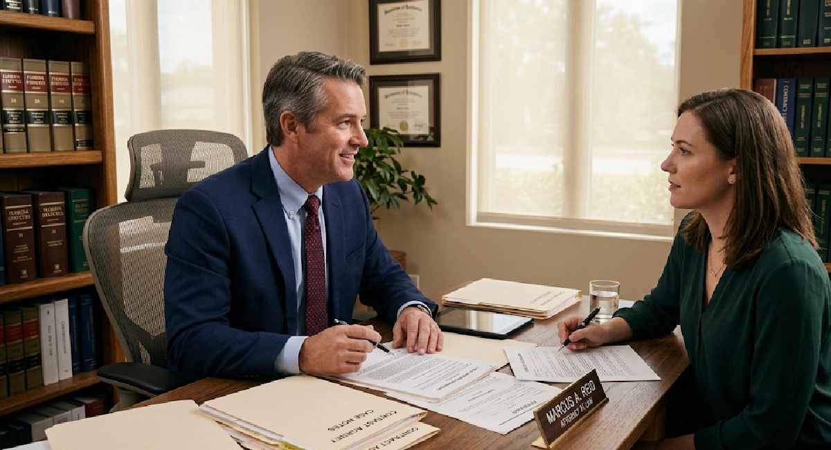 Attorney consulting with a car accident client in a Florida law office representing when to hire a lawyer after a crash