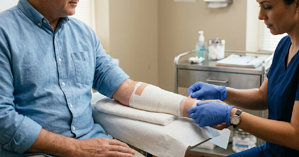 Bandaged arm in a medical setting representing dog bite injury claims in Florida and the recovery process