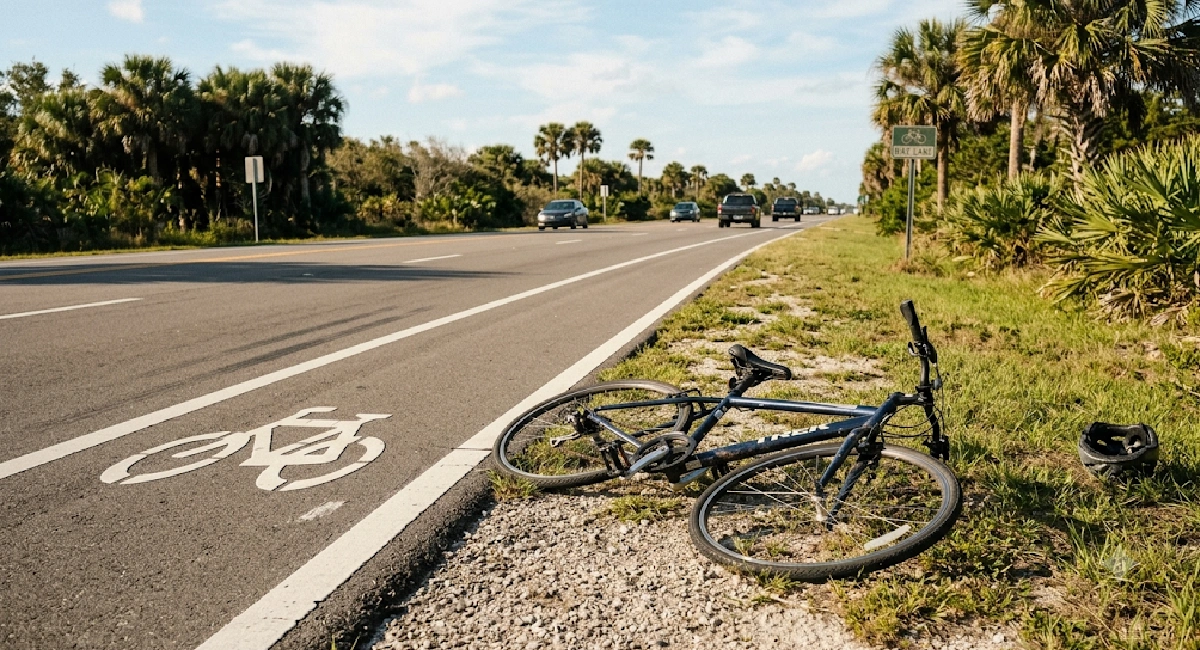 Bicycle on the side of a Florida road near a bike lane representing bicycle accident claims and cyclist legal rights in Florida