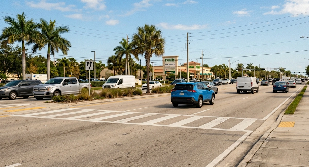 Marked pedestrian crosswalk on a Florida road representing pedestrian accident claims and legal rights for injured victims