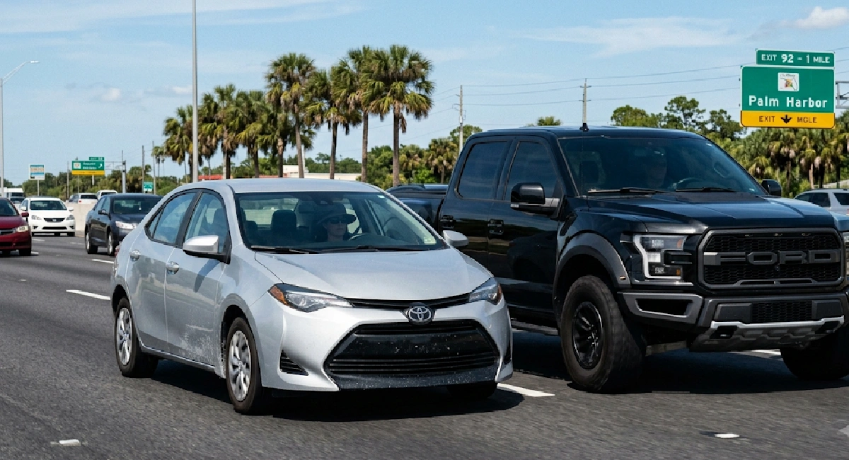 Two vehicles in a tense highway situation representing Florida road rage accident claims and aggressive driving legal rights