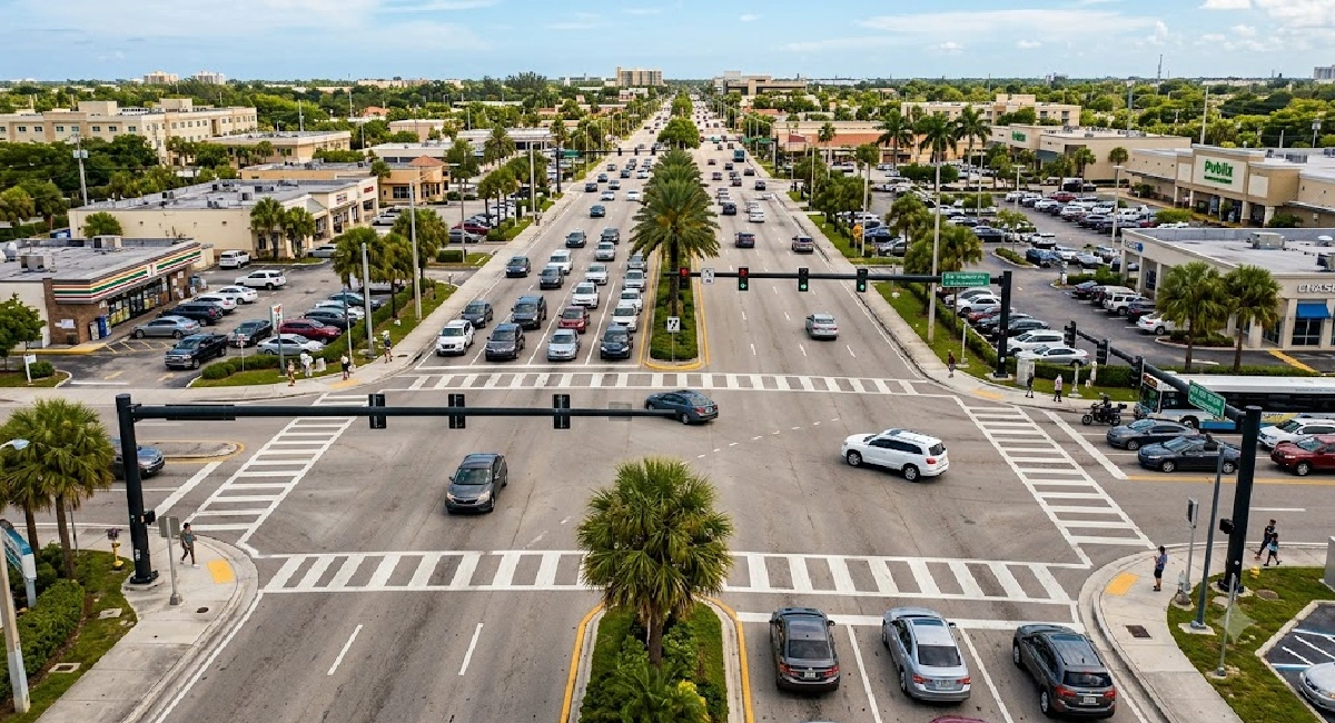 Aerial view of a Florida road intersection representing intersection accident liability and how to prove fault in Florida crash claims