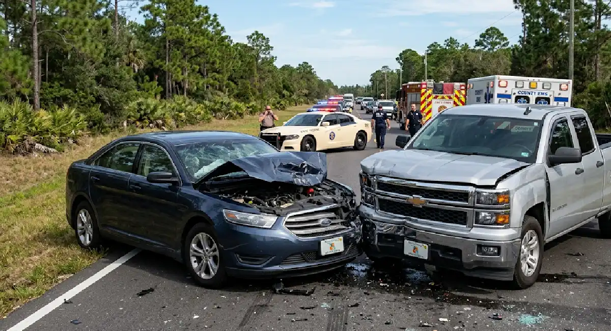 Two vehicles with severe front-end damage after a head-on collision representing Florida head-on crash claims and catastrophic injury recovery