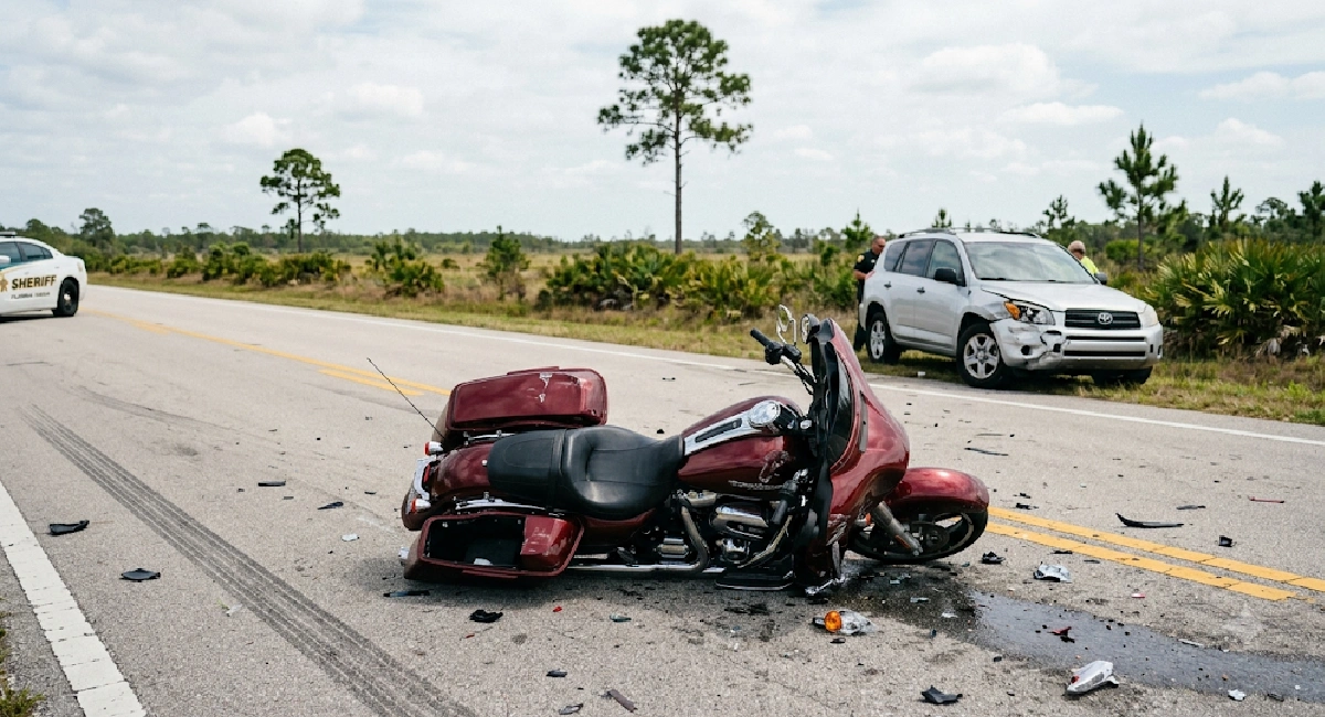 Motorcycle lying on a Florida road after an accident representing motorcycle accident claims and legal rights for injured riders in Florida