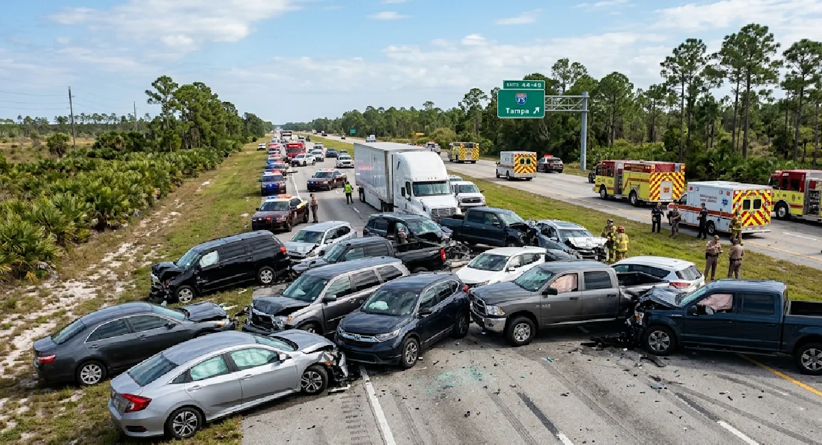 Multiple vehicles in a Florida highway pile-up representing multi-vehicle accident claims and complex liability sorting